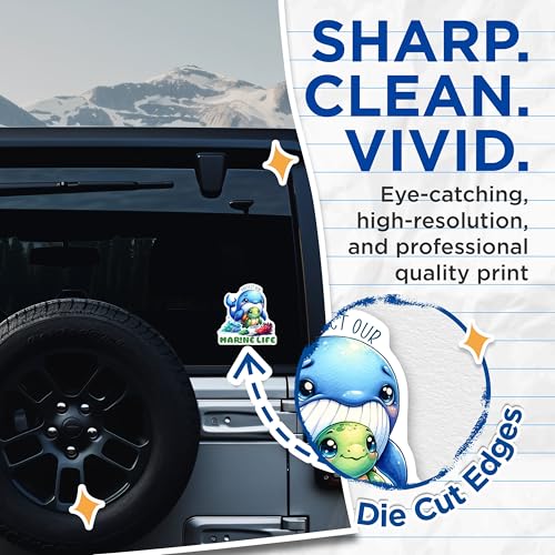 (2 Pack) Protect Our Marine Life Stickers - Cute Whale and Turtle Decals - Ocean Conservation Art - 5" On Longest Side - Sticks to Smooth Flat Surfaces - Made in USA - BMCS7953