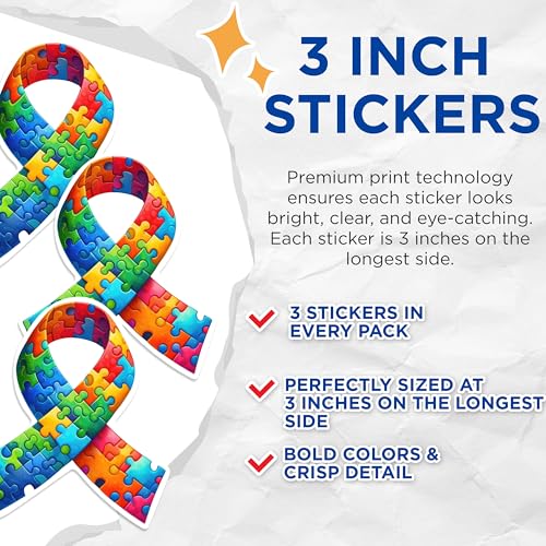 (3 Pack) Autism Awareness Decals - Jigsaw Puzzle Ribbon Decals - Laptop Decal - 3 Inches On Longest Side - Easy Peel & Apply - Made in USA - 3MCS0587