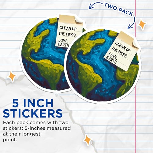 (2 Pack) Earth Awareness Stickers - Eco-Friendly Reminder - Environmental Conservation - 5" On Longest Side - Sticks to Smooth Flat Surfaces - Made in USA - BMCS7689