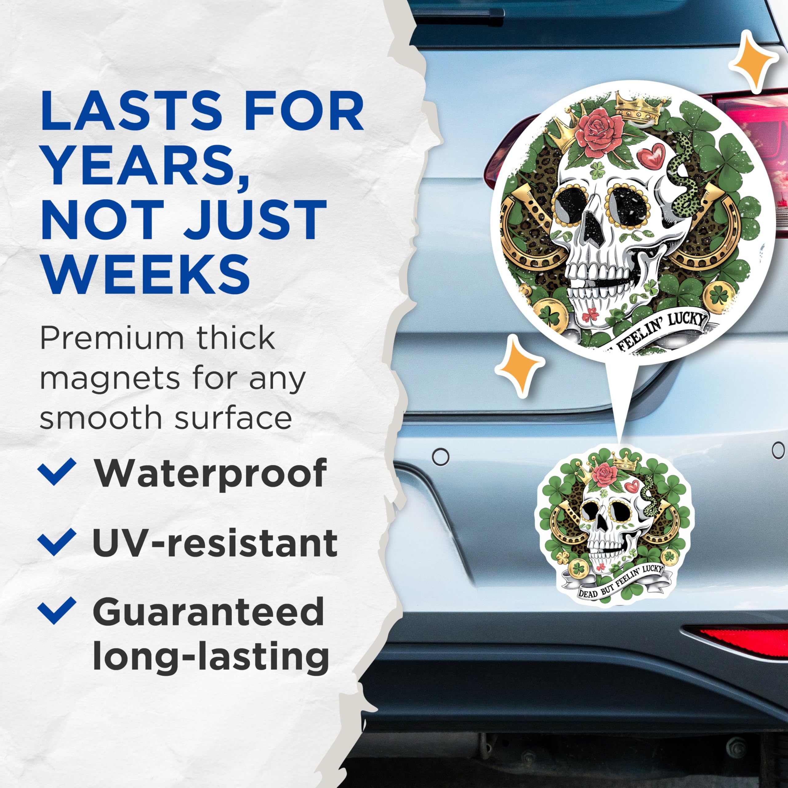 (2 Pack) Dead But Feelin Lucky Magnets - Skull ation - St Patricks Day - 5" On Longest Side - for Cars, Fridges, Toolboxes - Made in USA - MAG4394