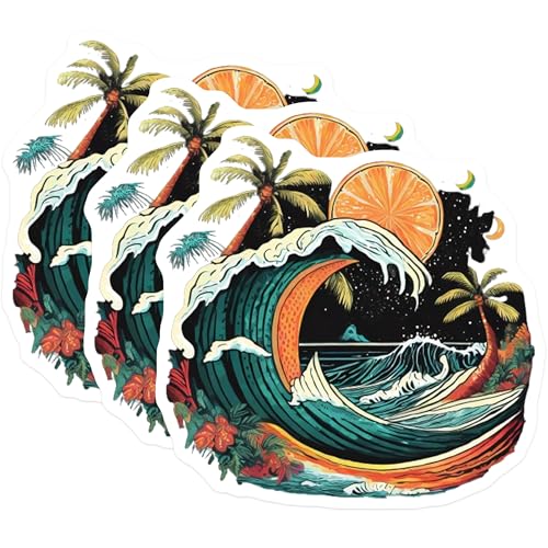 (3 Pack) Tropical Beach Decals - Wave Sun Palm Tree - Summer Vacation Stickers - 3 Inches On Longest Side - Easy Peel & Apply - Made in USA - 3MCS8019
