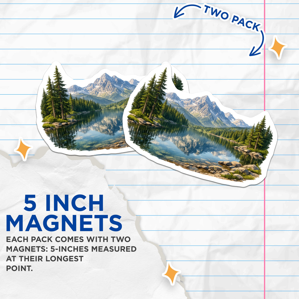(2 Pack) Mountain Lake Reflection Magnets - Pine Forest Scene - Nature Lover Decor - Serene Landscape - 5 Inches On Longest Side - Thick Durable Magnet - Made in USA - MAG38076