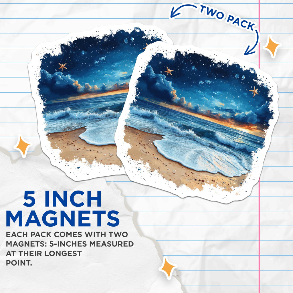 (2 Pack) Starry Night Ocean Magnets - Ocean Wave Beach Decor - Celestial Fantasy Scene - 5 Inches On Longest Side - Thick Durable Magnet - Made in USA - MAG29138
