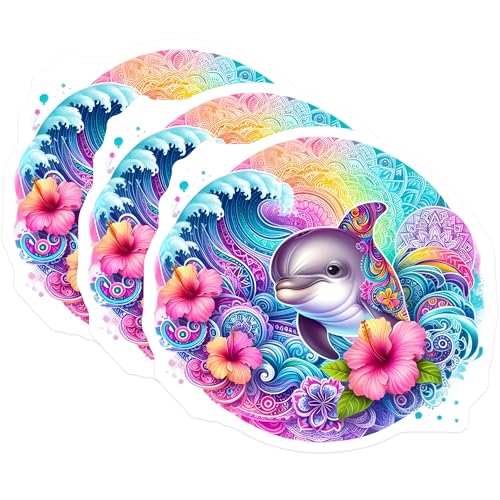 (3 Pack) Dolphin Decals - Rainbow Ocean Waves Sticker - Tropical Hibiscus Flower Decal - Laptop Decal - 3 Inches On Longest Side - Easy Peel & Apply - Made in USA - 3MCS8243