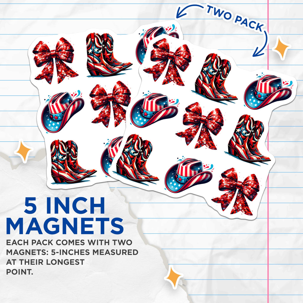 (2 Pack) Patriotic Cowboy Magnets - American Flag Hat Boots Decor - Sparkling Red Bow Accents - USA Western Country Style - 5 Inches On Longest Side - Thick Durable Magnet - Made in USA - MAG22232