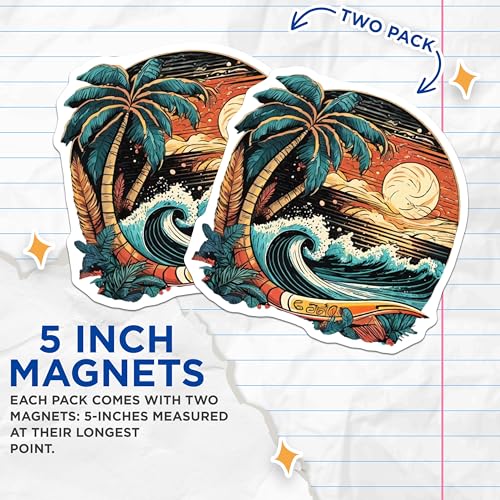 (2 Pack) Beach Sunset Wave Magnets Magnets - Tropical Palm Tree Sun Surfboard Decor - 5" On Longest Side - Made in USA - Sticks to Refrigerators & Metal Surfaces - MAG9255