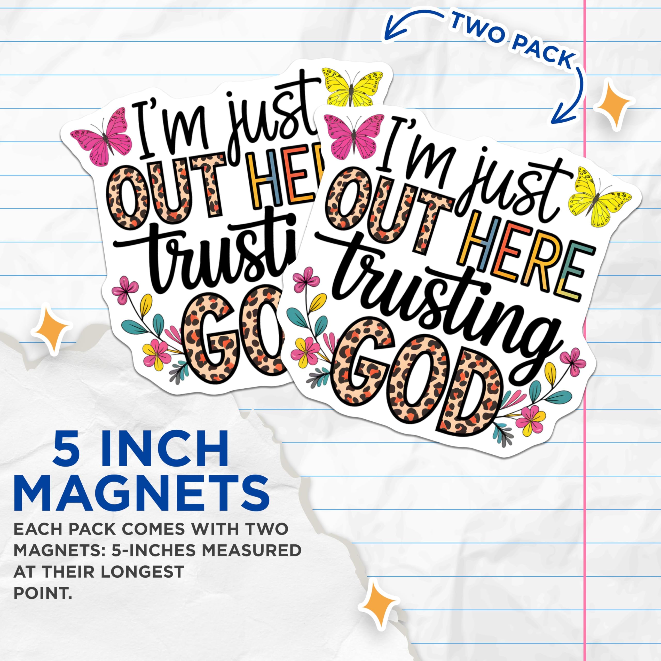 (2 Pack) Inspirational Faith Magnets - Out Here Trusting God - Christian Home - Spiritual Inspirational Magnets - 5" On Longest Side - for Cars, Fridges, Toolboxes - Made in USA - MAG4117