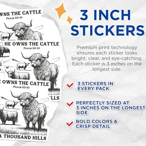 (3 Pack) Highland Cattle Decals - He Owns The Cattle - Psalm 50 10-3 Inches On Longest Side - Easy Peel & Apply - Made in USA - 3MCS4735