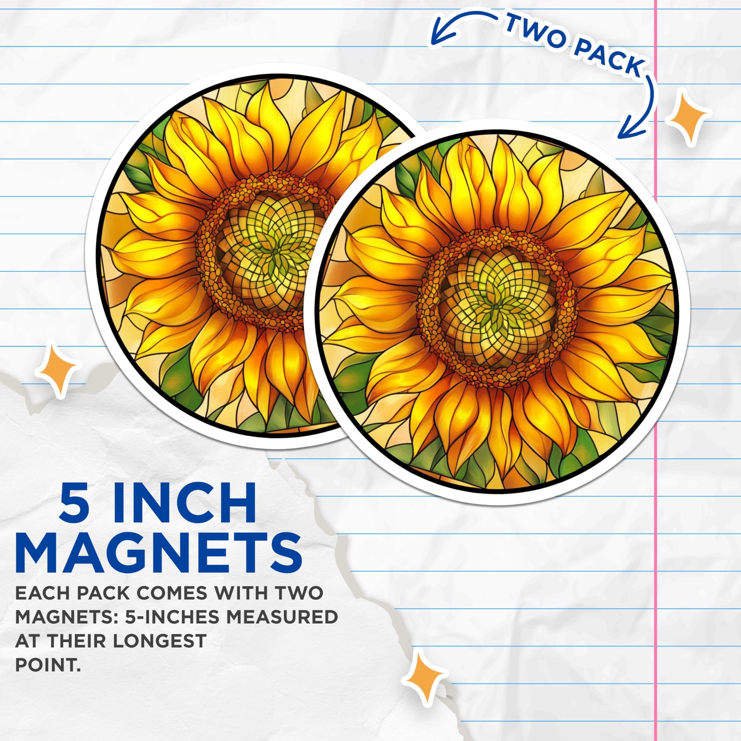 (2 Pack) Stained Glass Sunflower Magnets - Cheerful Floral Refrigerator Decor - Botanical Kitchen Art Statement - 5 Inches On Longest Side - Thick Durable Magnet - Made in USA - MAG25497