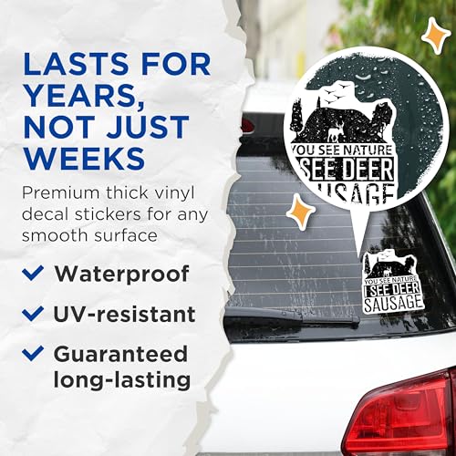 (2 Pack) You See Nature I See Deer Sausage Stickers - Funny Hunting Stickers - Outdoor Humor Decal for Hunters - 5" On Longest Side - Sticks to Smooth Flat Surfaces - Made in USA - BMCS5576