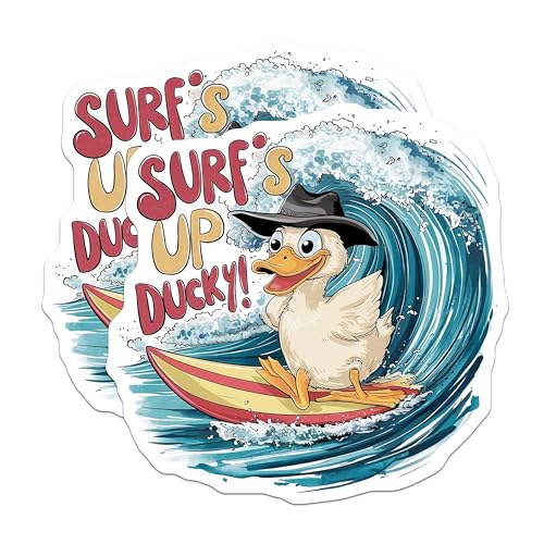 (2 Pack) Surf's Up Ducky Stickers - Cute Duck Decal - Cartoon Water Sports Decor - 5" On Longest Side - Sticks to Smooth Flat Surfaces - Made in USA - BMCS8509