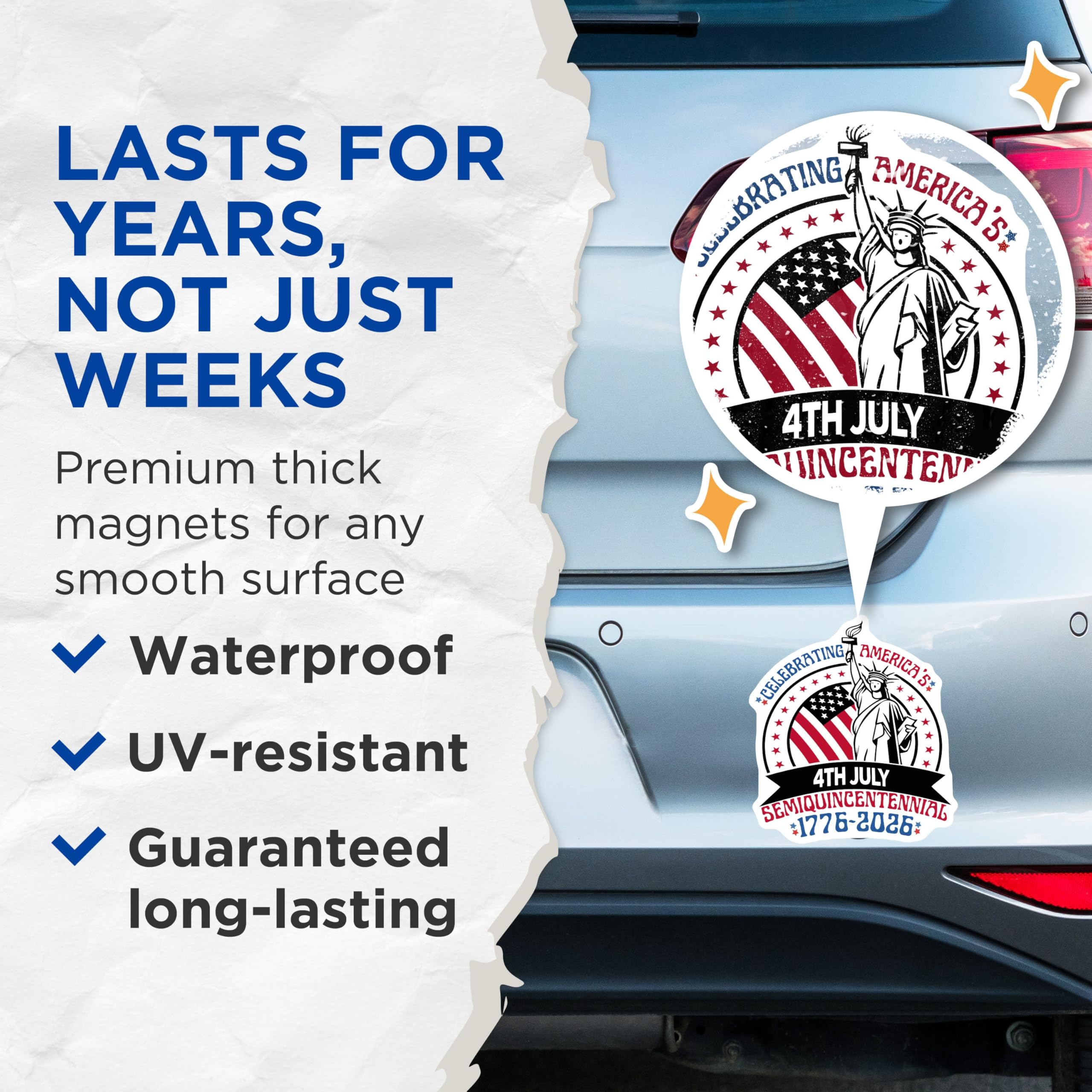 (2 Pack) 4th of July Magnets - Statue of Liberty Semiquincentennial - 1776 to 2026 Celebration - 5 Inches On Longest Side - Thick Durable Magnet - Made in USA - MAG29524