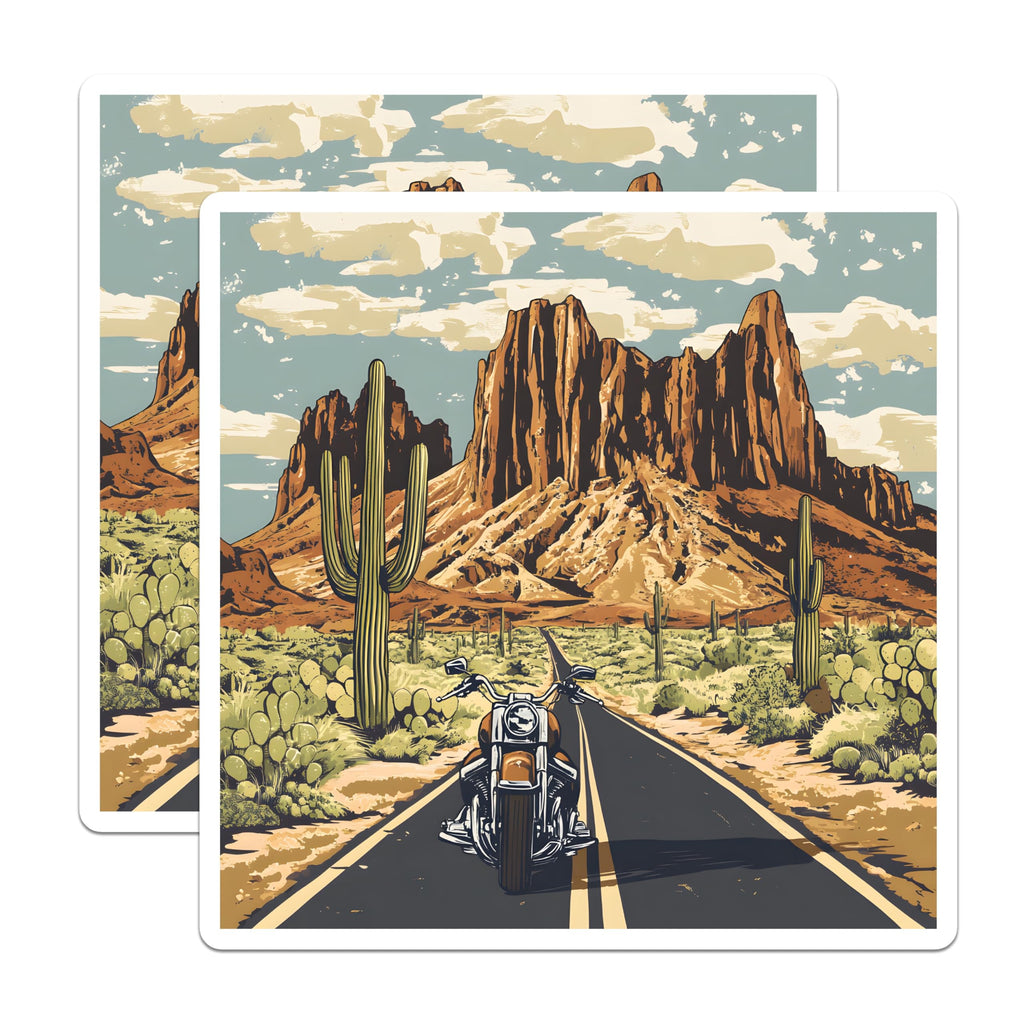 (2 Pack) Motorcycle Magnets - Desert Road Trip Art - Southwest Vibe - 5" On Longest Side - Premium Magnet - for Cars, Refrigerators, Toolboxes, Lockers - Made in USA - MAG17837