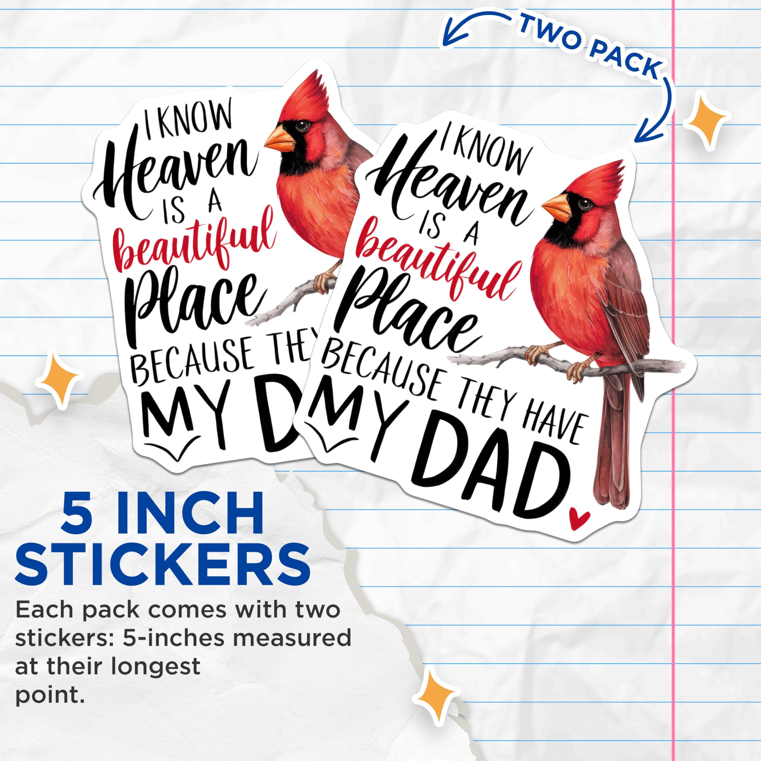 (2 Pack) Cardinal Memorial Stickers - Dad Remembrance Decals - 5" On Longest Side - Sticks to Smooth Flat Surfaces - Made in USA - BMCS8895 - BMCS8895