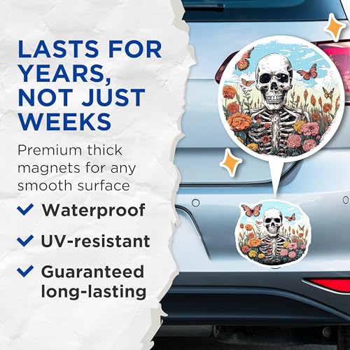 (2 Pack) Skull and Flowers Magnets - Skeleton and Butterfly - Day of The Dead - Colorful Artistic - 5" On Longest Side - for Cars, Fridges, Toolboxes - Made in USA - MAG4238