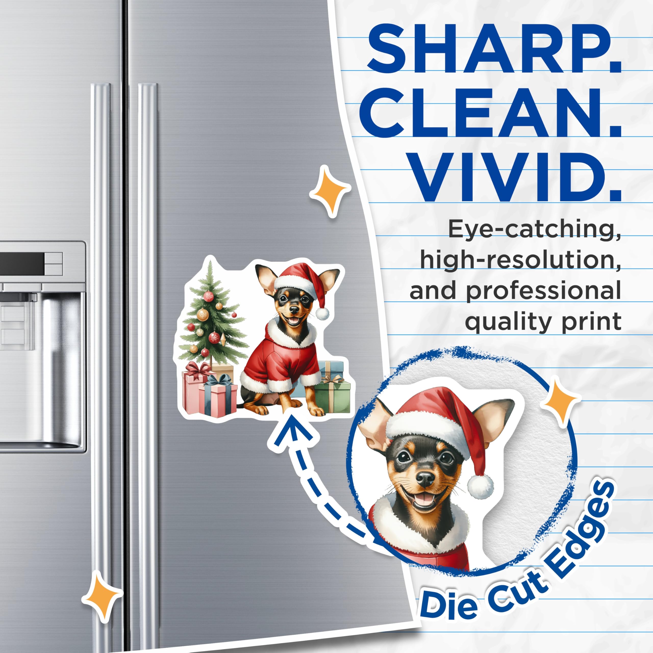 (2 Pack) Christmas Dog Magnets - Santa Puppy Holiday Decor - Miniature Pinscher Refrigerator Magnets - 5 Inches On Longest Side - Thick Durable Magnet - Made in USA - MAG26436