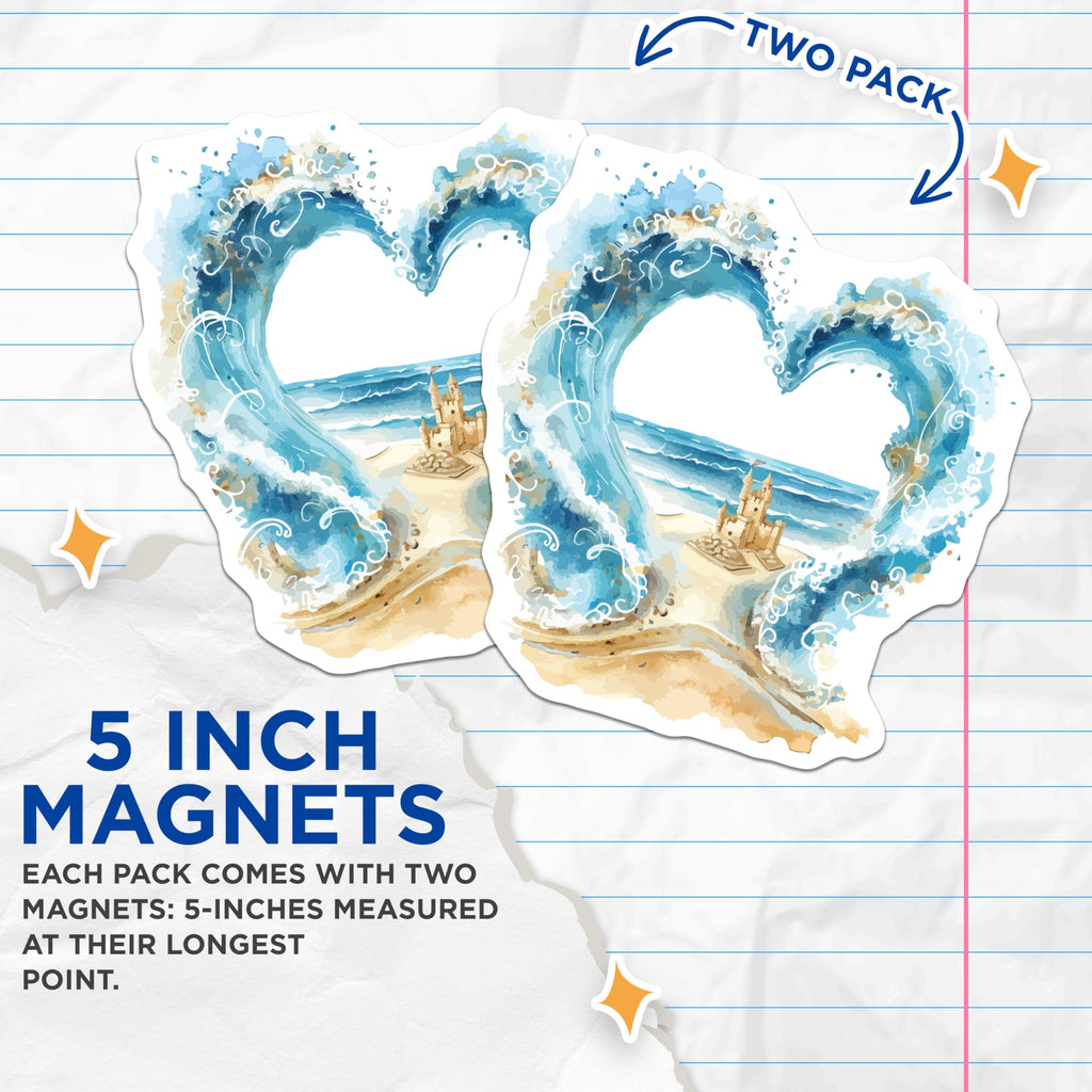 (2 Pack) Ocean Wave Heart Magnets - Beach Sandcastle Art - Coastal Summer Scene Decor - Tropical Vacation Fridge Magnets - 5 Inches On Longest Side - Thick Durable Magnet - Made in USA - MAG19919