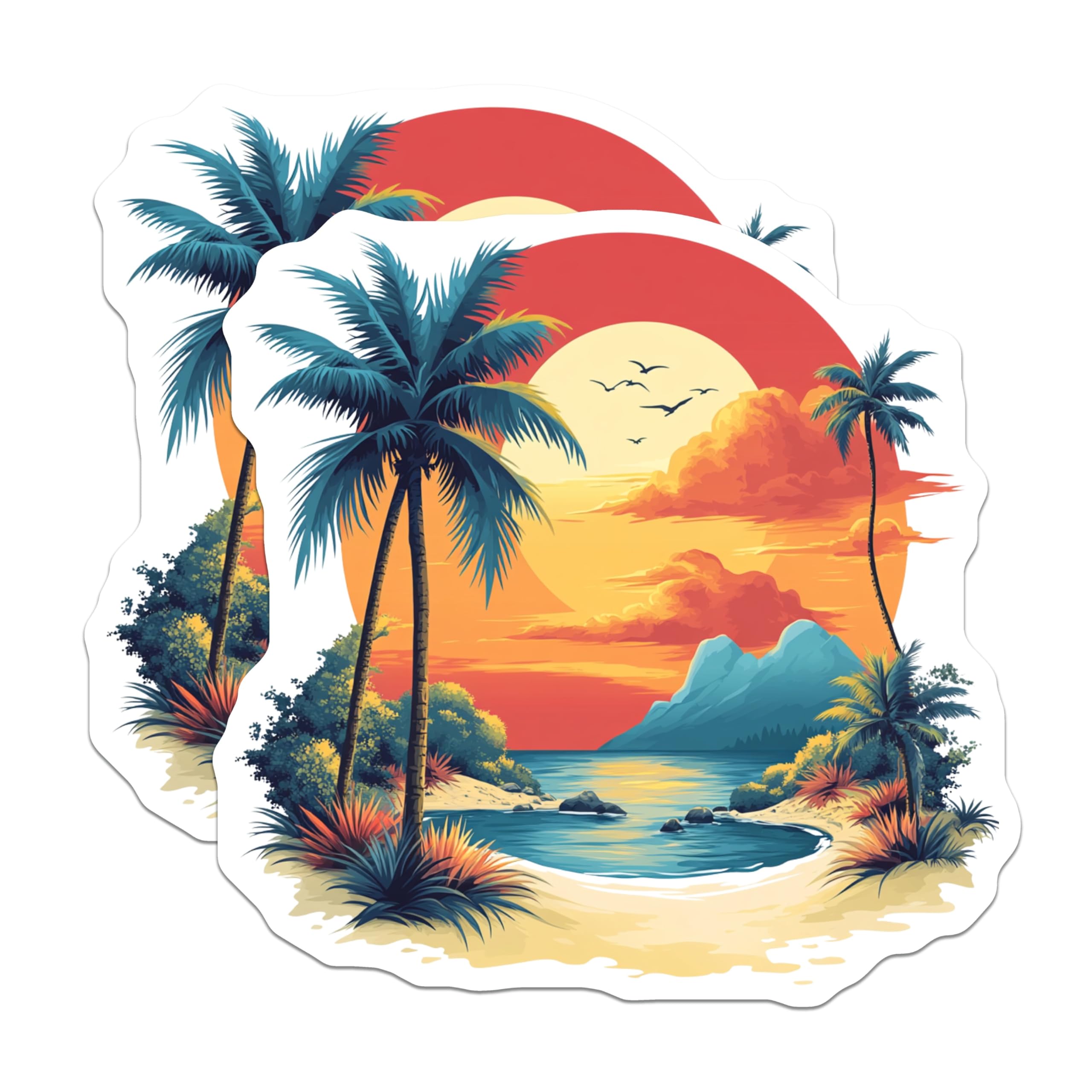 (2 Pack) Tropical Sunset Beach Magnets - Palm Tree Ocean View - Island Vacation Decor - 5 Inches On Longest Side - Thick Durable Magnet - Made in USA - MAG30628