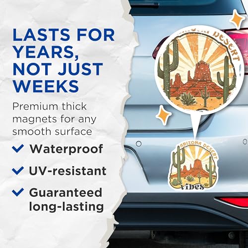 (2 Pack) Arizona Desert Vibes Magnets - Southwest Cactus Design - Retro Desert Scene Magnets - 5" On Longest Side - for Cars, Fridges, Toolboxes - Made in USA - MAG4314