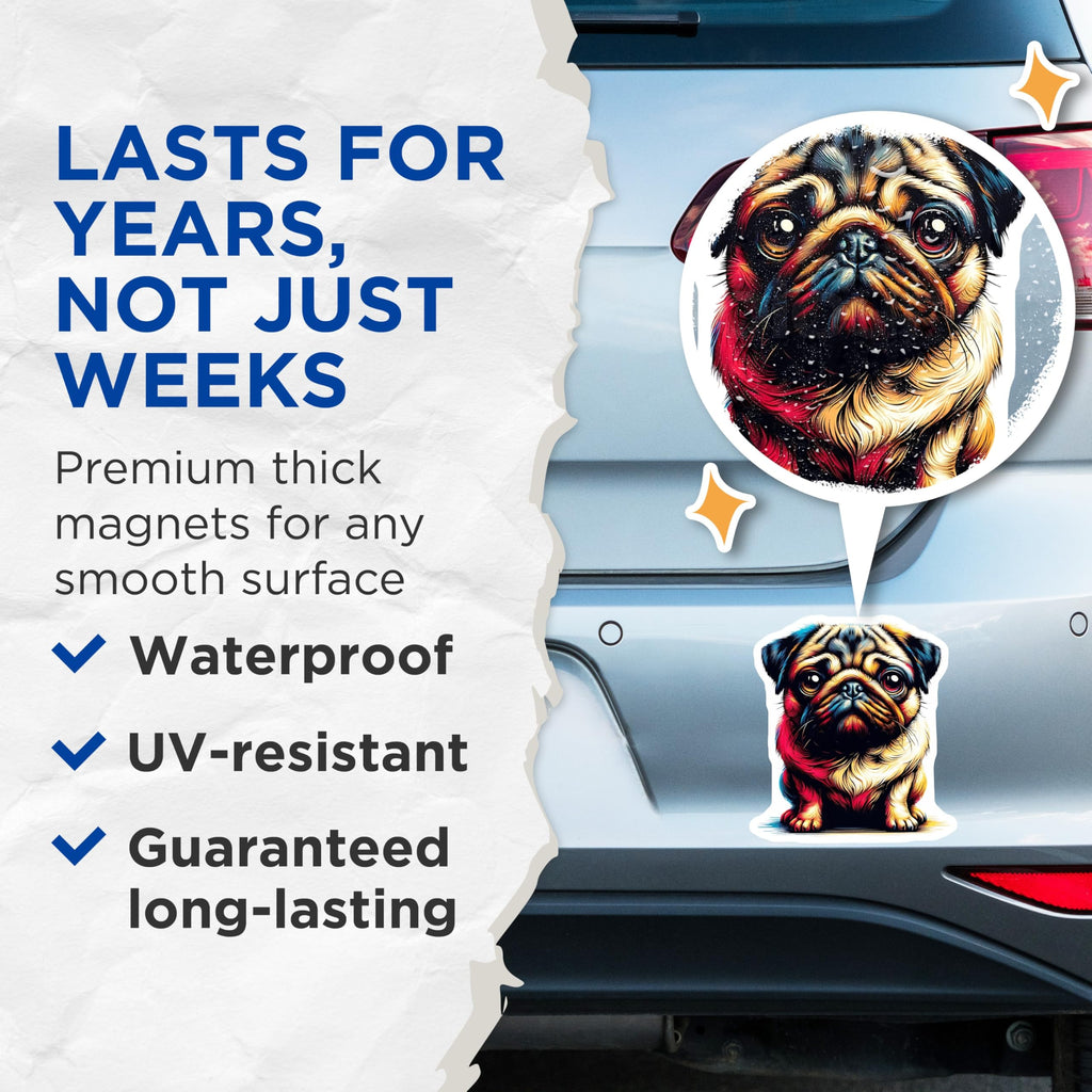 (2 Pack) Pug Dog Magnets - Cute Puppy Illustration - Refrigerator Decorative Accessory - 5" On Longest Side - Premium Magnet - for Cars, Refrigerators, Toolboxes, Lockers - Made in USA - MAG14545