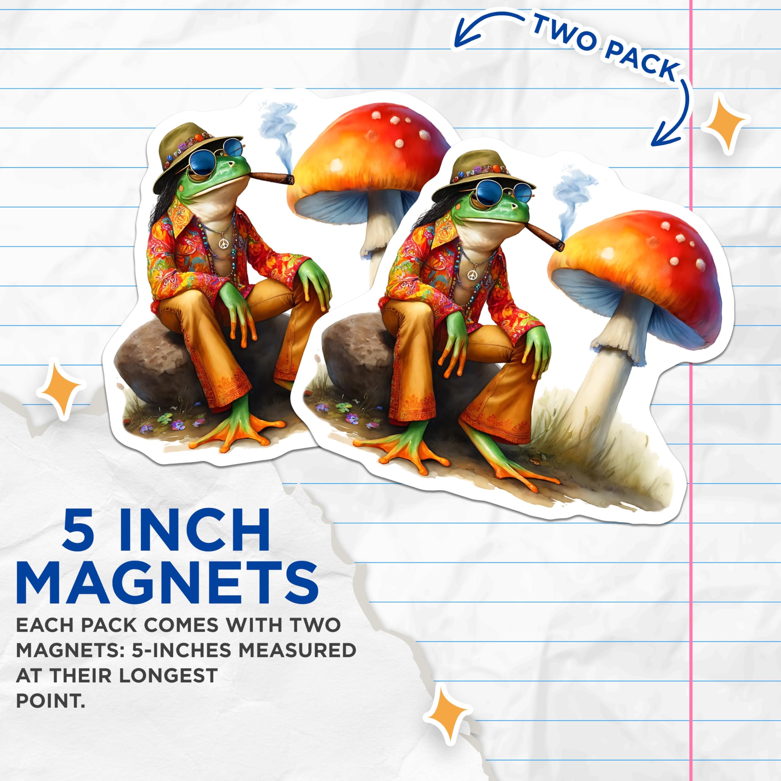 (2 Pack) Frog Magnets - Hippie Decor - Mushroom - Novelty Fridge Decor - 5" On Longest Side - Premium Magnet - for Cars, Refrigerators, Toolboxes, Lockers - Made in USA - MAG16847