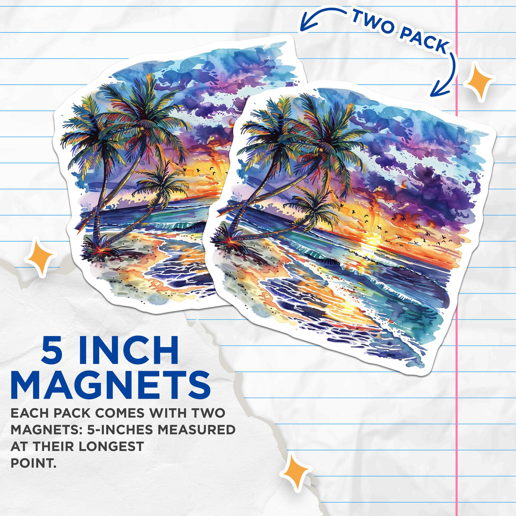 (2 Pack) Tropical Sunset Magnets - Watercolor Beach Decor - Ocean Palm Tree Art - 5 Inches On Longest Side - Thick Durable Magnet - Made in USA - MAG38017