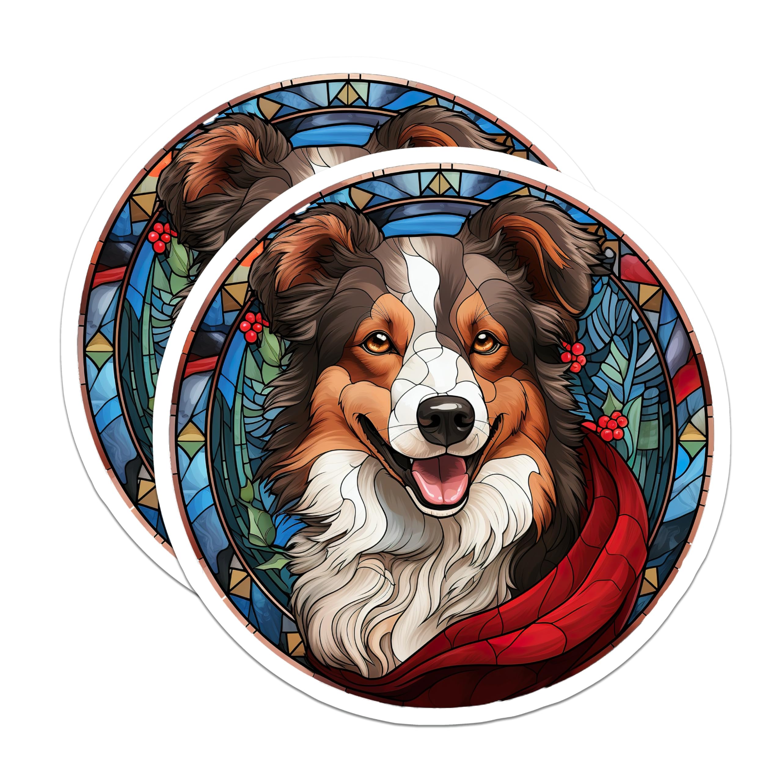(2 Pack) Stained Glass Dog Magnets - Australian Shepherd Art - Festive Holiday Pet Decor - 5 Inches On Longest Side - Thick Durable Magnet - Made in USA - MAG26116