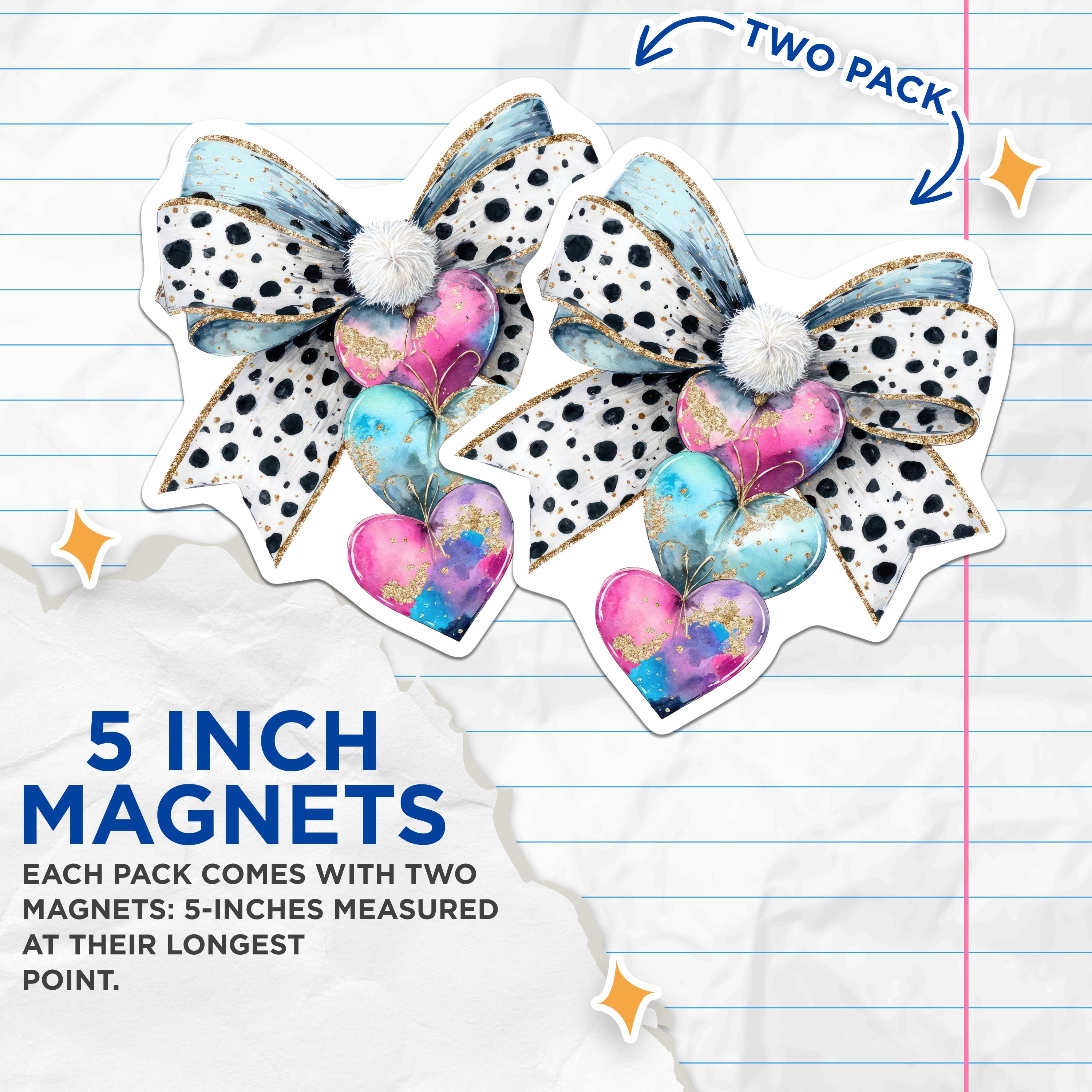 (2 Pack) Whimsical Bow Hearts Magnets - Polka Dot Glam Decor - Artistic Watercolor Designs - 5 Inches On Longest Side - Thick Durable Magnet - Made in USA - MAG39279
