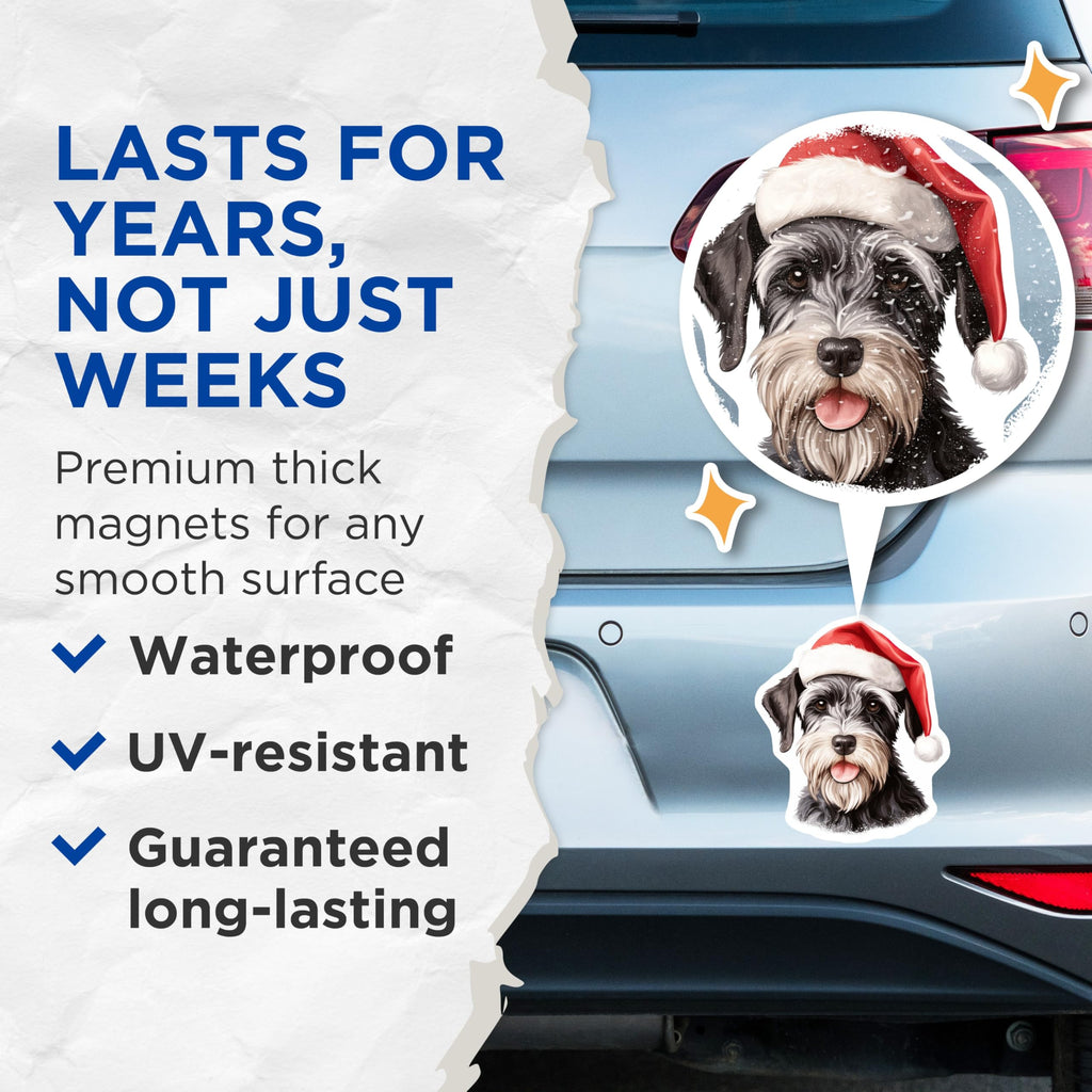 (2 Pack) Christmas Schnauzer Magnets - Santa Hat Dog Decor - Pet Lover Refrigerator Accents - 5 Inches On Longest Side - Thick Durable Magnet - Made in USA - MAG28430