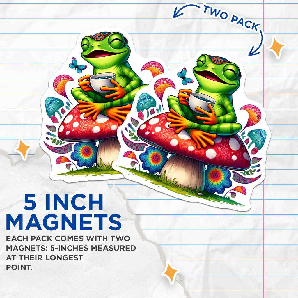 (2 Pack) Frog On Mushroom Magnets - Toad with Tea - Whimsical Home Decor - 5" On Longest Side - Premium Magnet - for Cars, Refrigerators, Toolboxes, Lockers - Made in USA - MAG16514