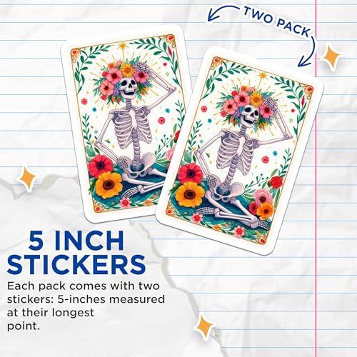 (2 Pack) Skeleton Flower Crown Stickers - Day of The Dead - Floral Skull Art Stickers - Skeleton Art Stickers - 5" On Longest Side - Sticks to Smooth Flat Surfaces - Made in USA - BMCS9446