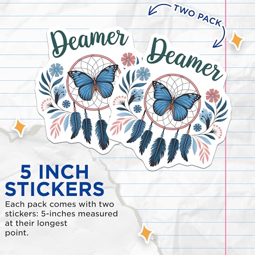 (2 Pack) Dreamcatcher Butterfly Stickers - Artistic Dreamcatcher Decals - Floral Butterfly Stickers - 5" On Longest Side - Sticks to Smooth Flat Surfaces - Made in USA - BMCS6430