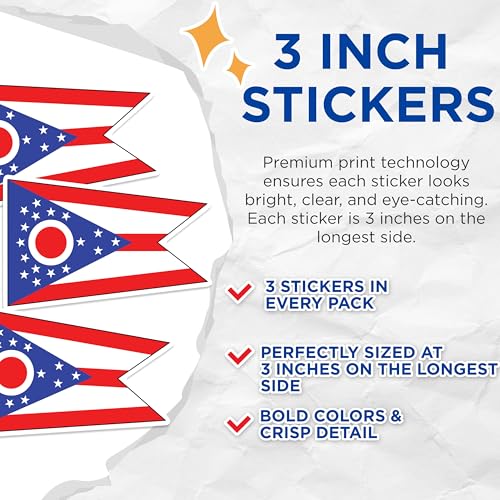 (3 Pack) Ohio State Flag Decals - Buckeye State Pride - Laptop Decals - 3 Inches On Longest Side - Easy Peel & Apply - Made in USA - 3MCS0207