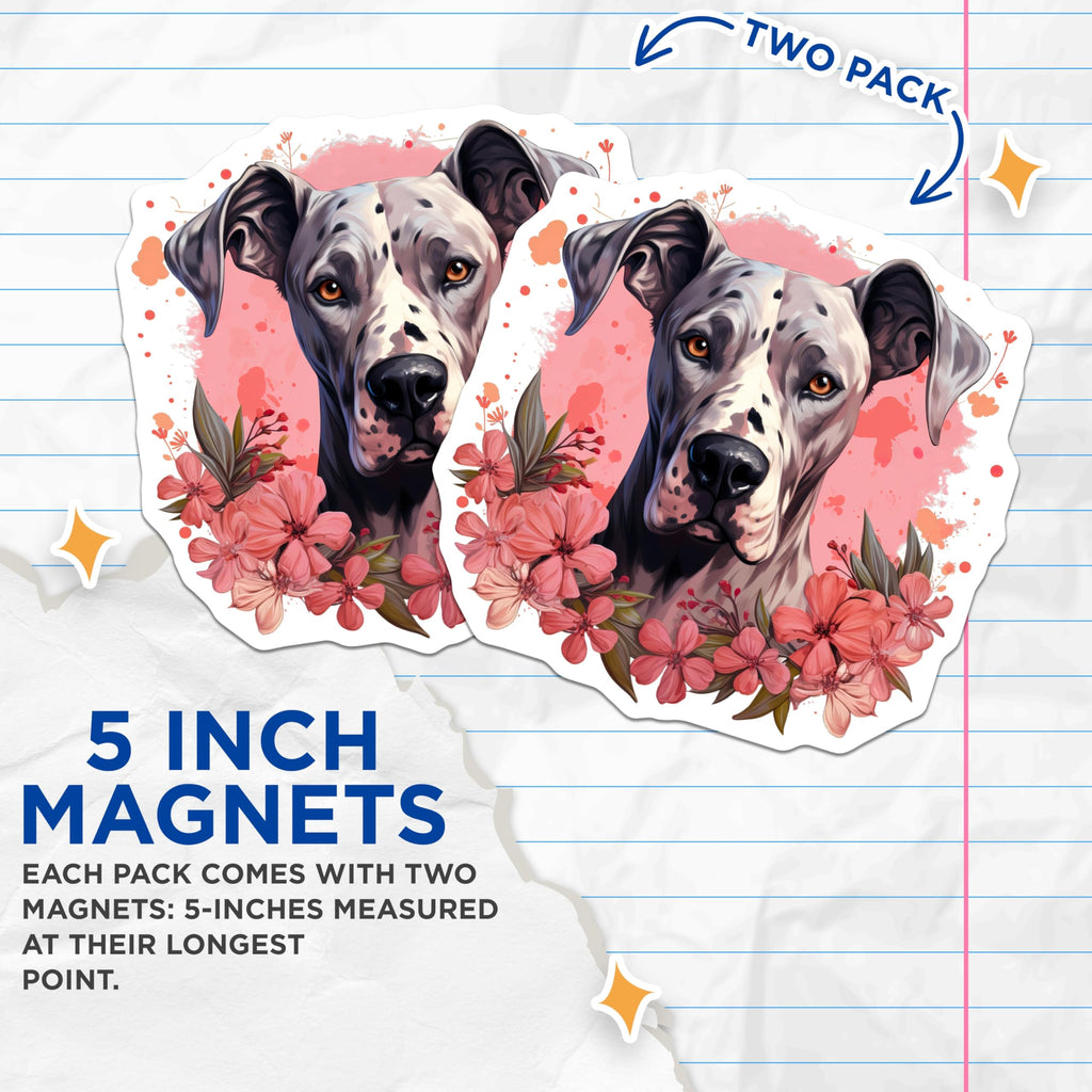 (2 Pack) Great Dane Dog Magnets - Harlequin Breed Artwork - Spotted Hound Animal Decor - Pet Lover Refrigerator Accents - 5 Inches On Longest Side - Thick Durable Magnet - Made in USA - MAG23754