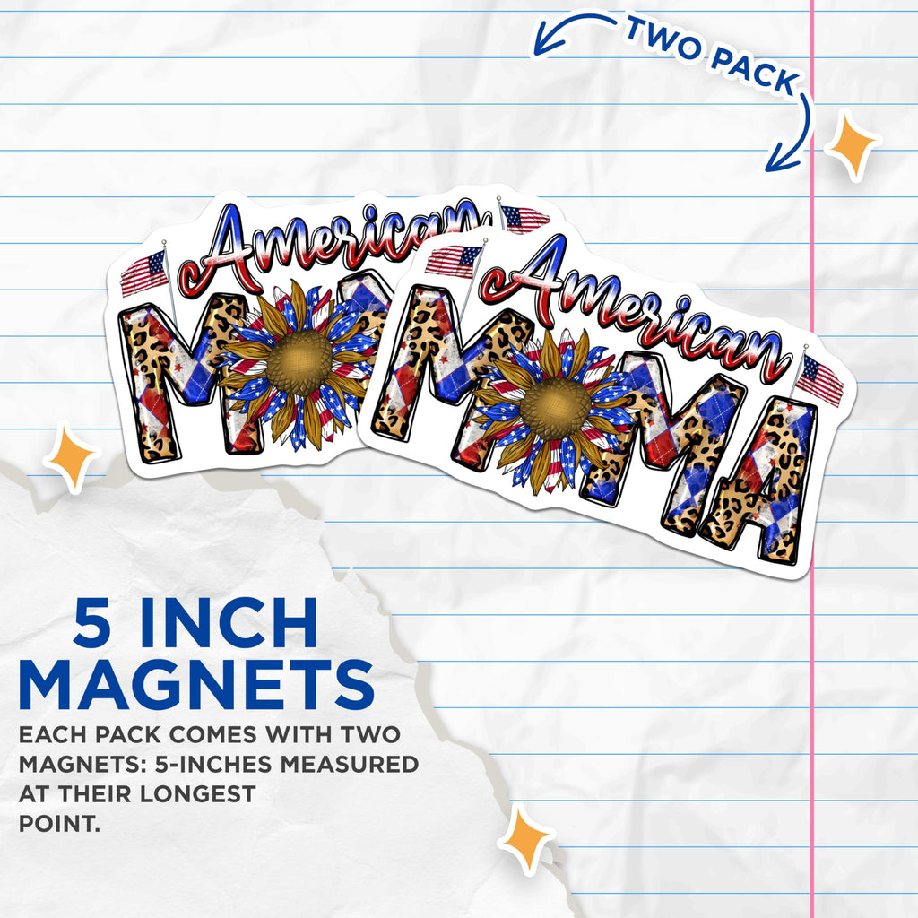 (2 Pack) American Mama Magnets - Patriotic Leopard Print Sunflower - USA Flag Refrigerator Decor - 5 Inches On Longest Side - Thick Durable Magnet - Made in USA - MAG24732