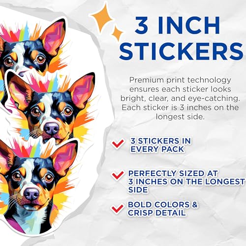(3 Pack) Rat Terrier Decals - Colorful Dog - Laptop Decals - 3 Inches On Longest Side - Easy Peel & Apply - Made in USA - 3MCS0804