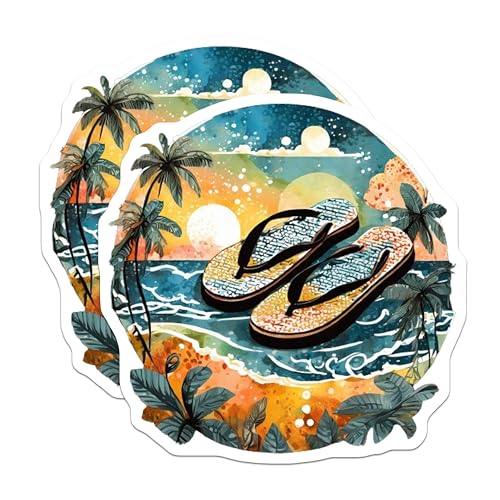 (2 Pack) Beach Flip Flops Stickers - Summer Vacation - Palm Trees and Ocean View - 5" On Longest Side - Sticks to Smooth Flat Surfaces - Made in USA - BMCS9319