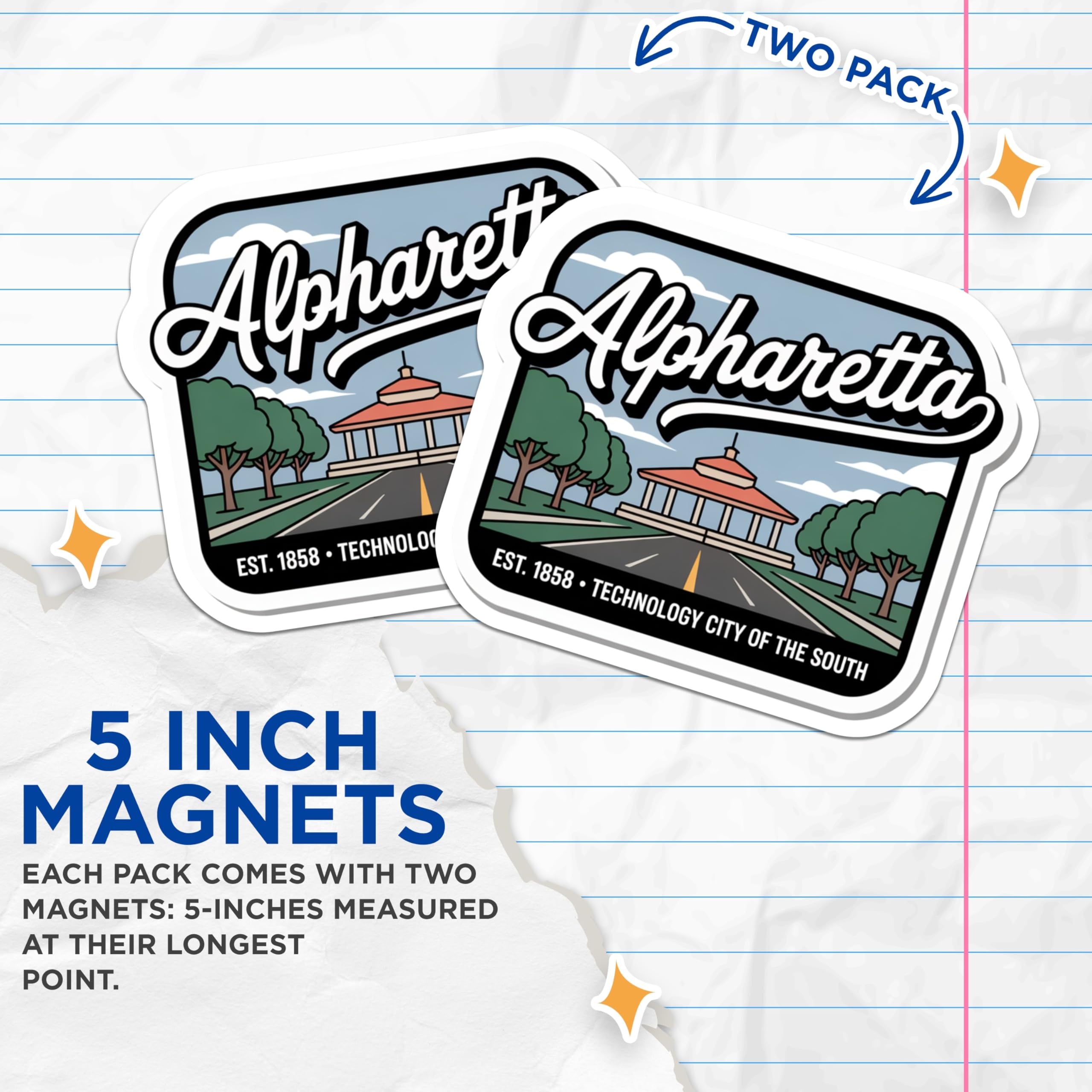 (2 Pack) Alpharetta Georgia Magnets - Technology City of the South - Est 1858 Southern Charm - City Landmark Souvenirs - 5 Inches On Longest Side - Thick Durable Magnet - Made in USA - MAG19229