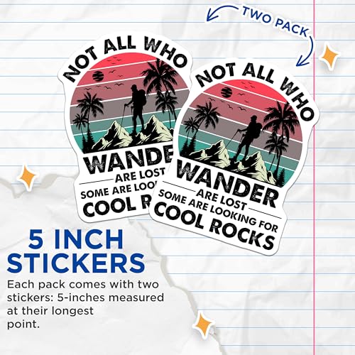 (2 Pack) Wander Cool Rocks Stickers - Hiking Adventure - Outdoor Enthusiast - Mountain Climbing Lover - 5" On Longest Side - Sticks to Smooth Flat Surfaces - Made in USA - BMCS6181
