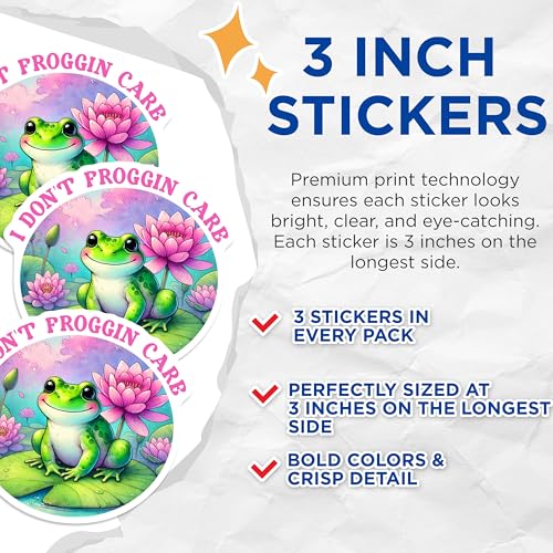 (3 Pack) Funny Frog Decals - I Dont Froggin Care - Sarcastic Laptop Decals - 3 Inches On Longest Side - Easy Peel & Apply - Made in USA - 3MCS6379