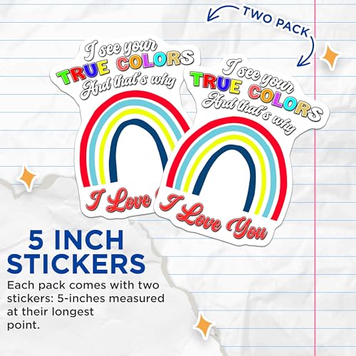 (2 Pack) True Colors I Love You Stickers - Inspirational Rainbow Stickers - Positive Quote Stickers - 5" On Longest Side - Sticks to Smooth Flat Surfaces - Made in USA - BMCS6486