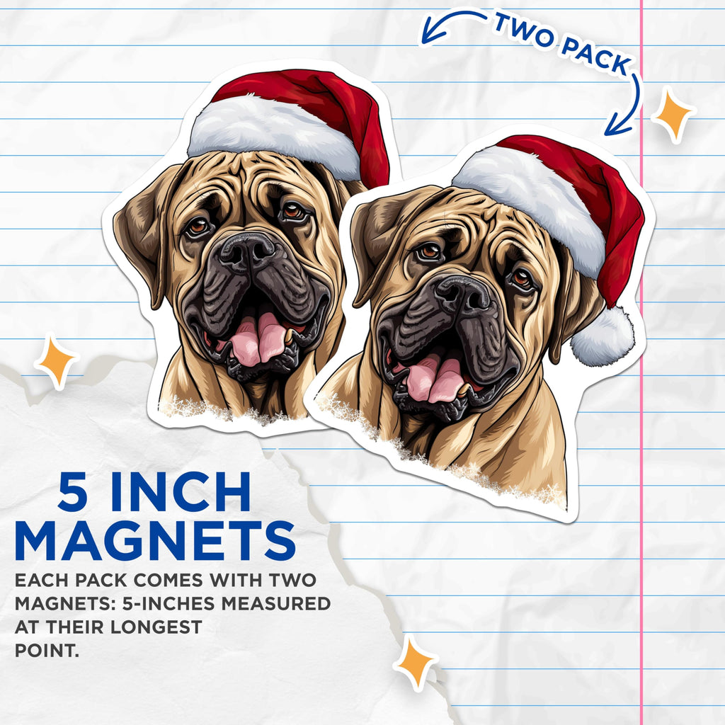 (2 Pack) Christmas Dog Magnets - Santa Hat Mastiff - Festive Pet Decor - 5 Inches On Longest Side - Thick Durable Magnet - Made in USA - MAG25047