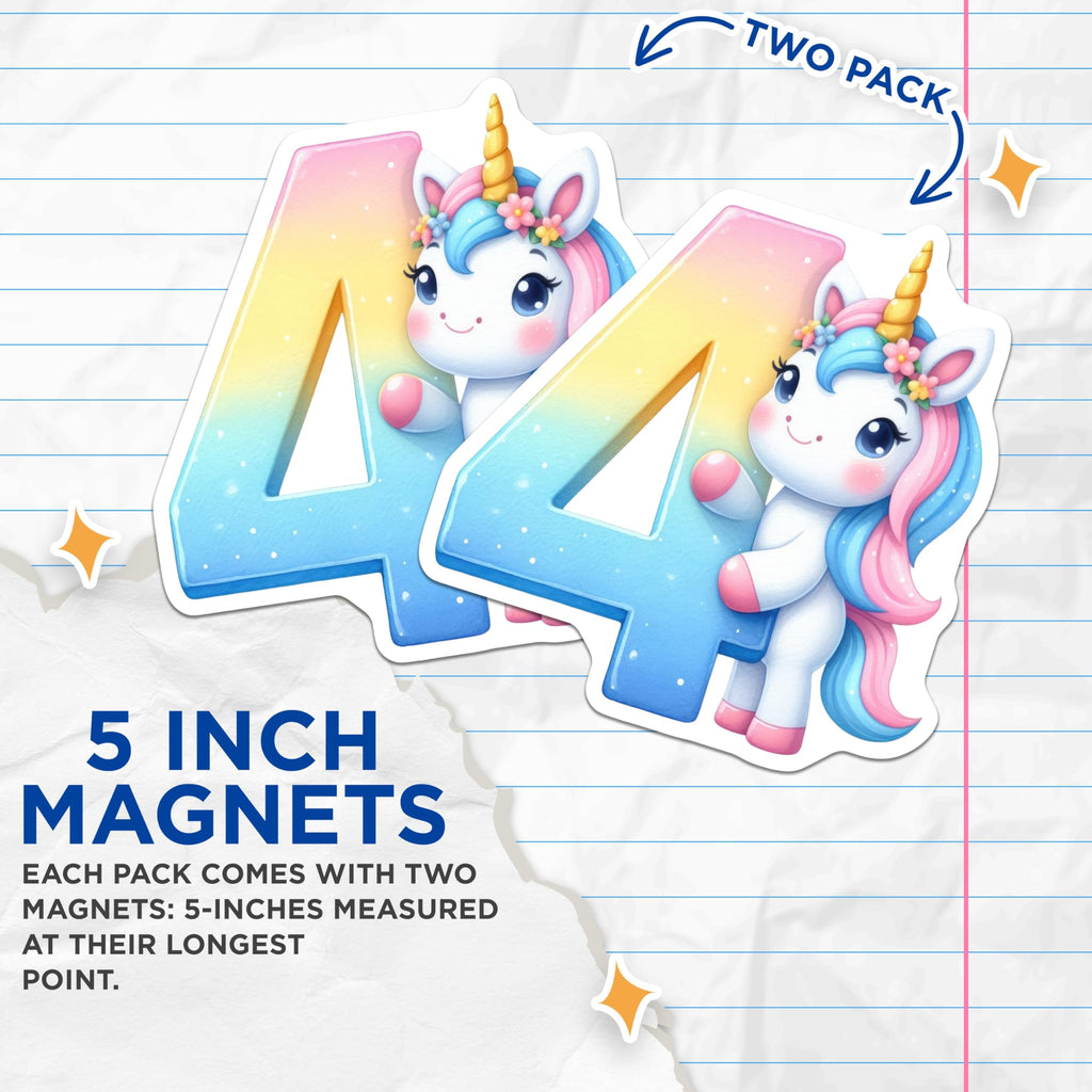 (2 Pack) Unicorn Number 4 Magnets - Fourth Birthday Party Decor - Cute Unicorn Magnets - 5" On Longest Side - Premium Magnet - for Cars, Refrigerators, Toolboxes, Lockers - Made in USA - MAG15725