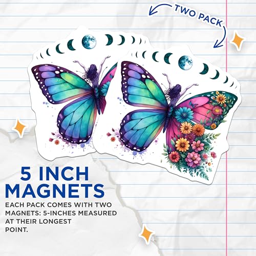 (2 Pack) Nature Inspired Magnet - Floral Butterfly Design - 5" On Longest Side - Sticks to Smooth Flat Surfaces - Made in USA - MAG9730