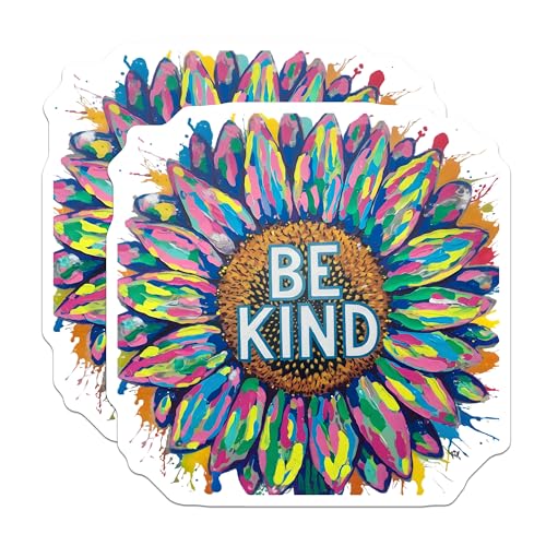 (2 Pack) Be Kind Stickers - Sunflower Art Stickers - Colorful Flower Stickers - Positive Message Stickers - 5" On Longest Side - Sticks to Smooth Flat Surfaces - Made in USA - BMCS6614
