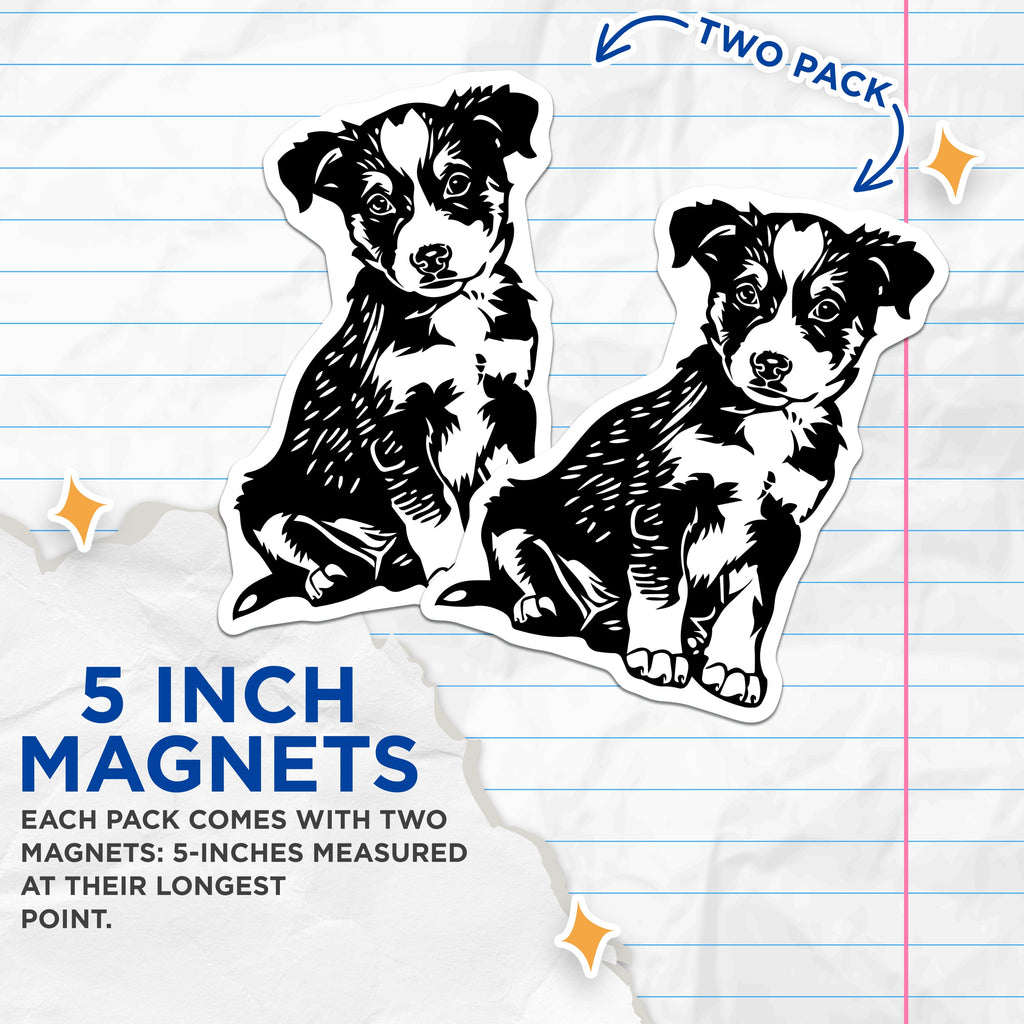 (2 Pack) Black White Puppy Magnets - Dog Lover Decor - Pet Owner Idea - Cute Animal Fridge Magnets - Dog Mom Dad - 5 Inches On Longest Side - Thick Durable Magnet - Made in USA - MAG39577