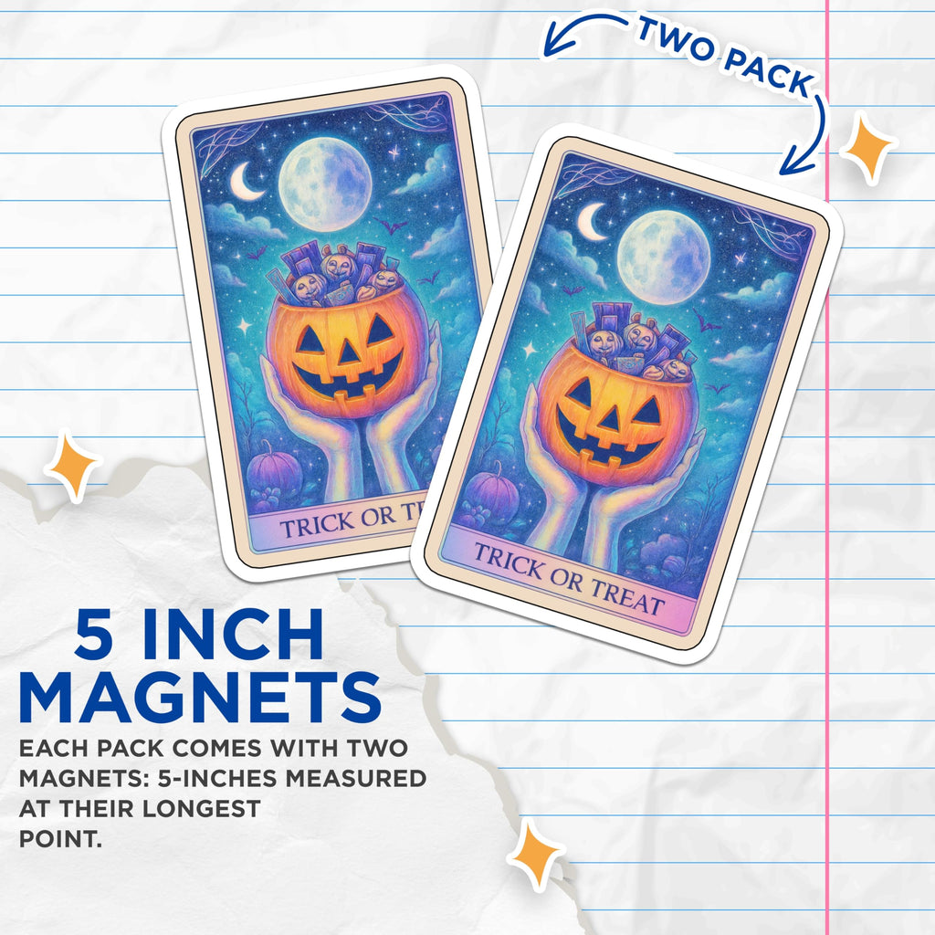 (2 Pack) Halloween Magnets - Trick or Treat Pumpkin Bucket - Full Moon Night Sky Art - Spooky Autumn Fridge Decor - 5 Inches On Longest Side - Thick Durable Magnet - Made in USA - MAG21598