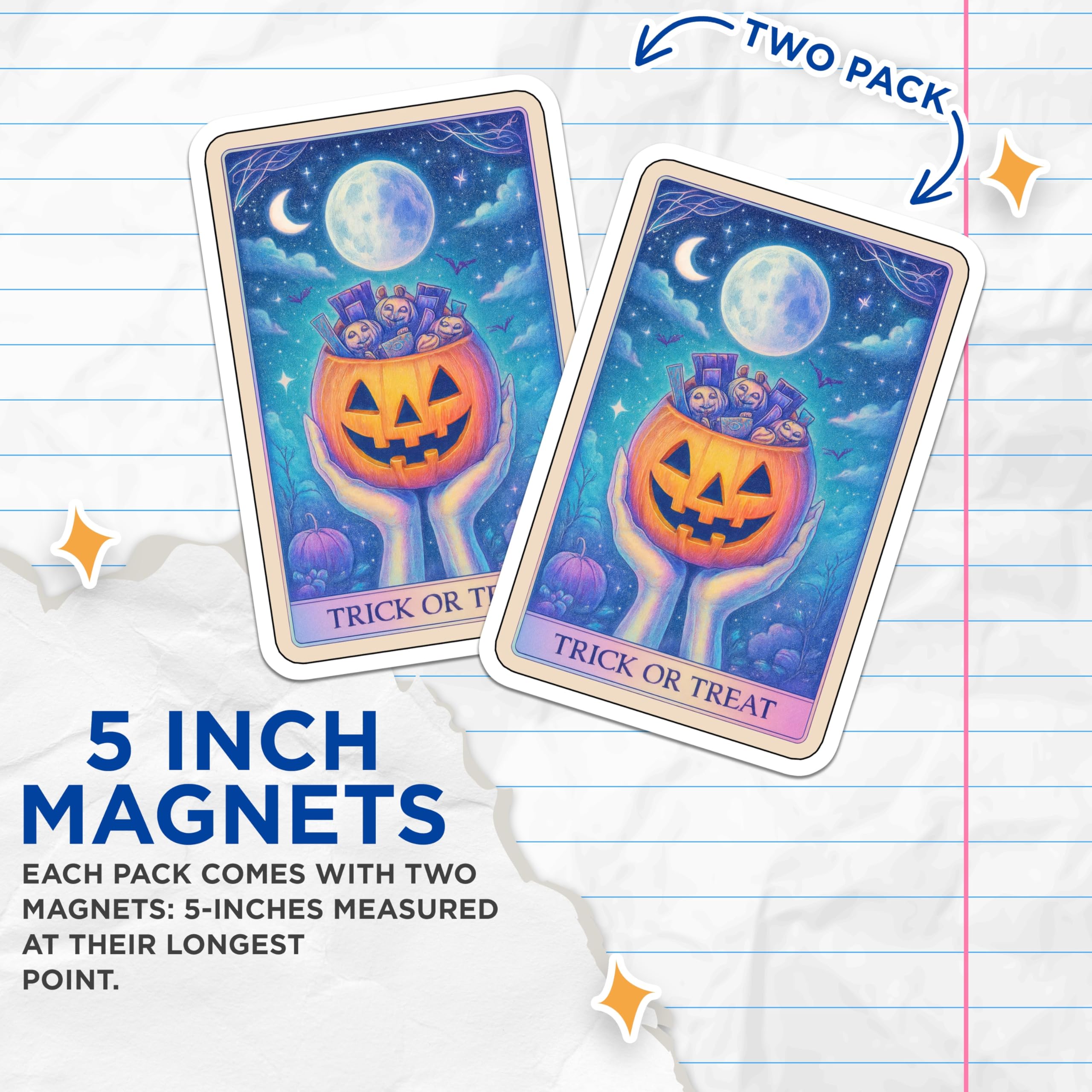 (2 Pack) Halloween Magnets - Trick or Treat Pumpkin Bucket - Full Moon Night Sky Art - Spooky Autumn Fridge Decor - 5 Inches On Longest Side - Thick Durable Magnet - Made in USA - MAG21598