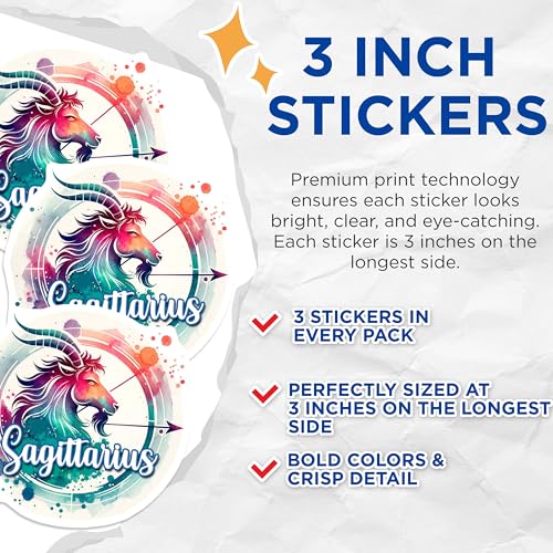 (3 Pack) Sagittarius Zodiac Decals - Horoscope Stickers - Laptop Decals- 3 Inches On Longest Side - Easy Peel & Apply - Made in USA - 3MCS5685