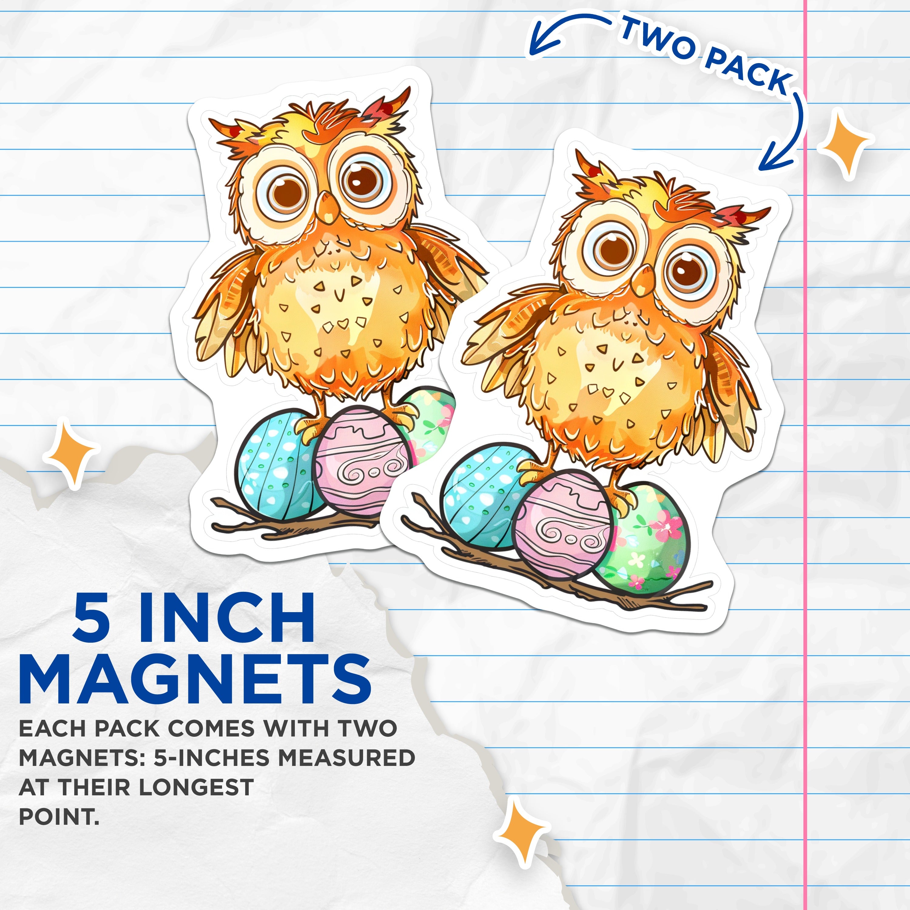 (2 Pack) Easter Owl Magnets - Spring Kitchen Decor - Cute Animal Fridge Magnet - 5 Inches On Longest Side - Thick Durable Magnet - Made in USA - MAG37326